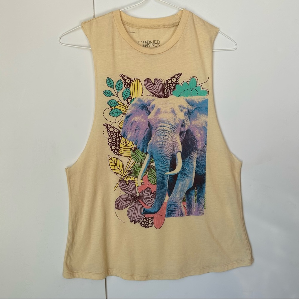 Corner Shop Yellow with Floral Elephant Graphic Tank Top Size XS